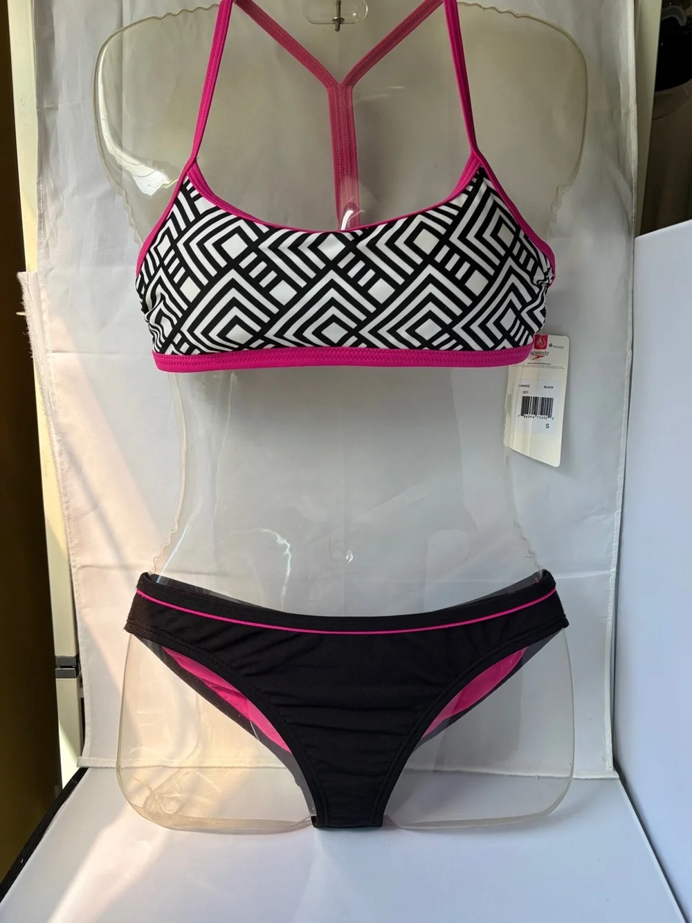 Speedo RacerBack Two-Piece Swim Bikini; Removable Soft Cups; Pink, White & Black